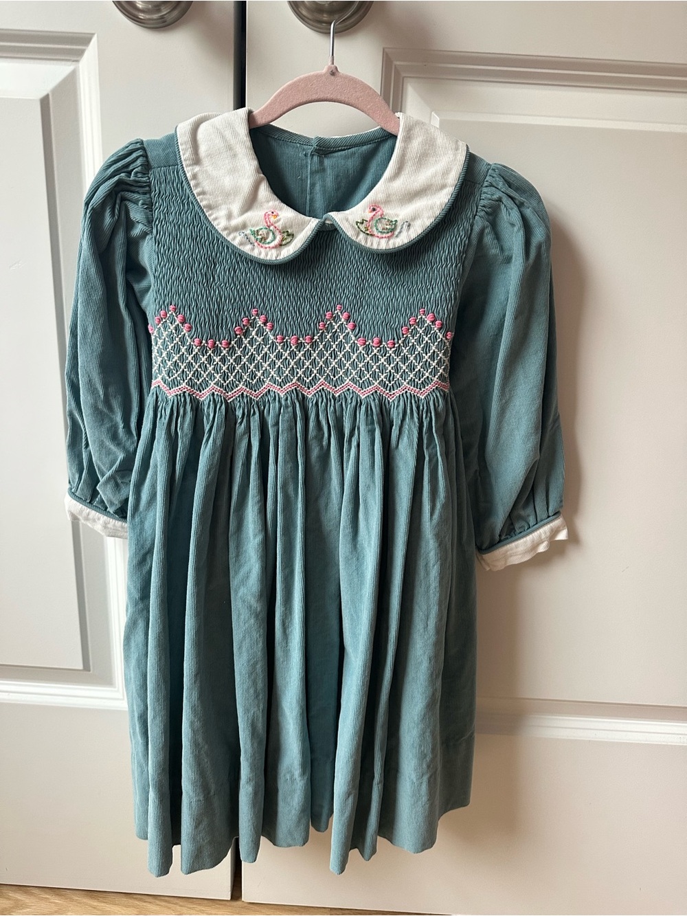 NWOT bella bliss Teal Smocked Girls Dress with Embroidered Collar